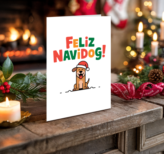 Christmas card with "Feliz Navidog!" text and a dog illustration on a festive background.