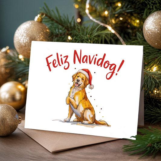Christmas card with a dog wearing a Santa hat and "Feliz Navidog!" text, surrounded by festive decorations.