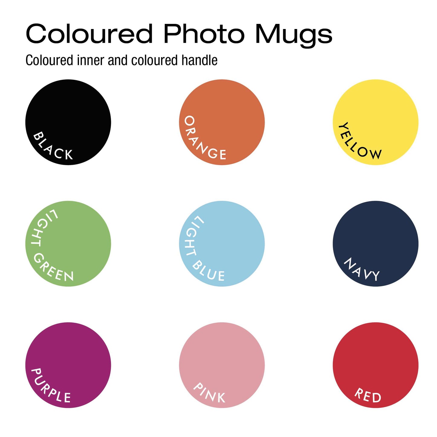 Color swatches for photo mugs with labels on a white background