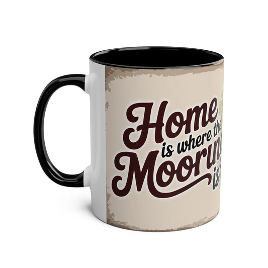 Mug with "Home is where the mooring is" text on a beige background