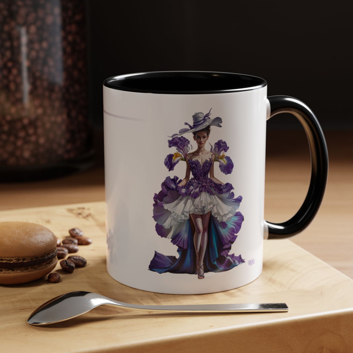 Mug with artistic design of a woman in a purple dress on a wooden surface with coffee beans and a spoon.