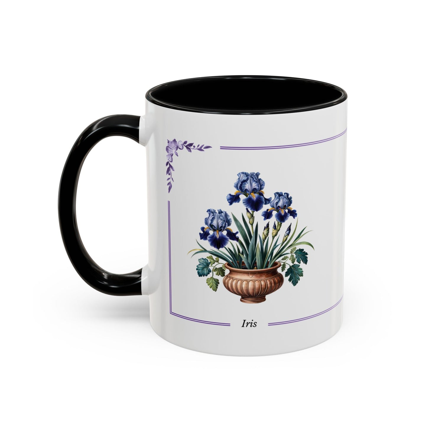 Mug with floral design and "Iris" text on a white background