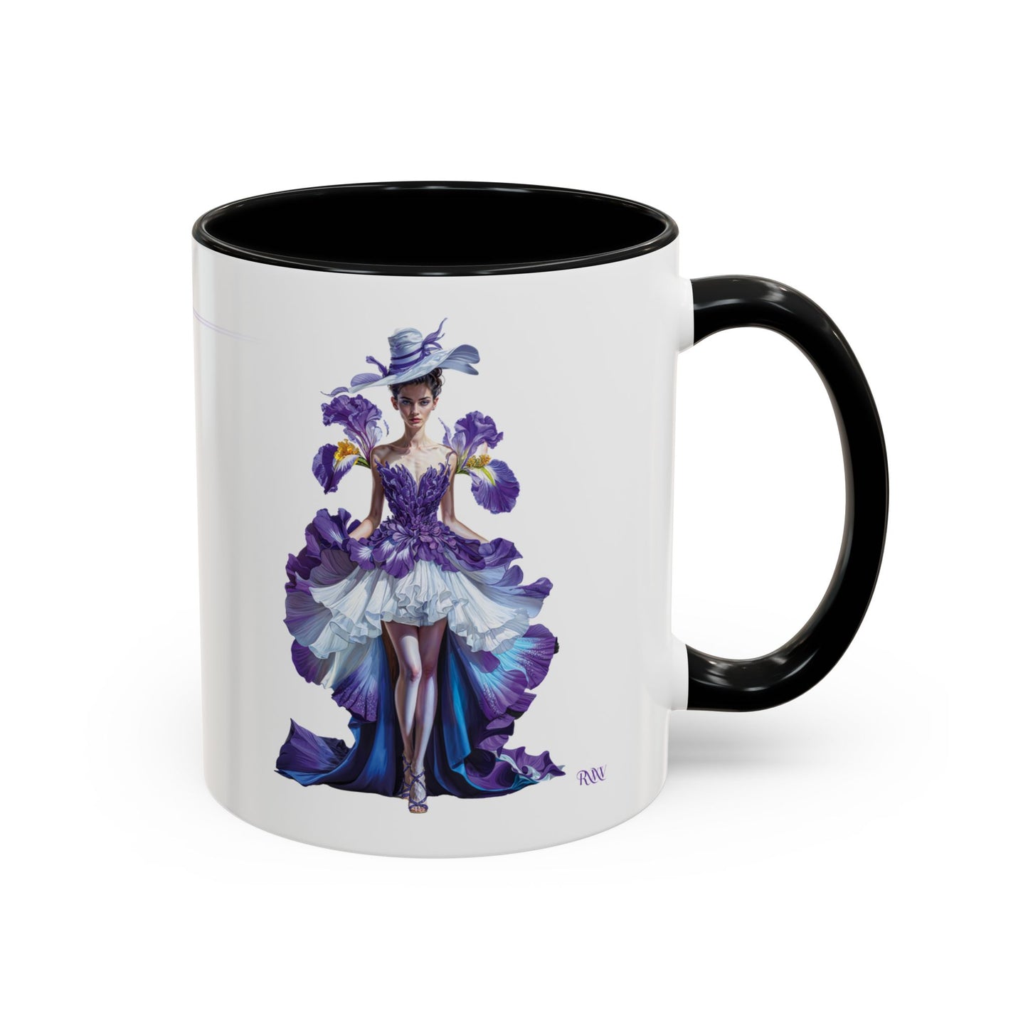 Mug with a design of a woman in a purple and blue dress on a white background
