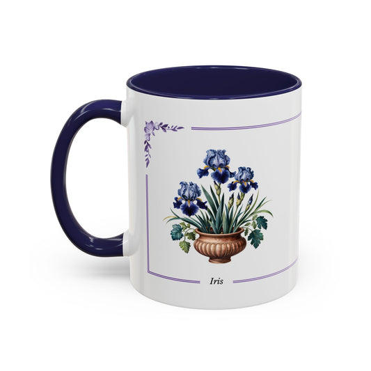 Mug with floral design and "Iris" text on a white background