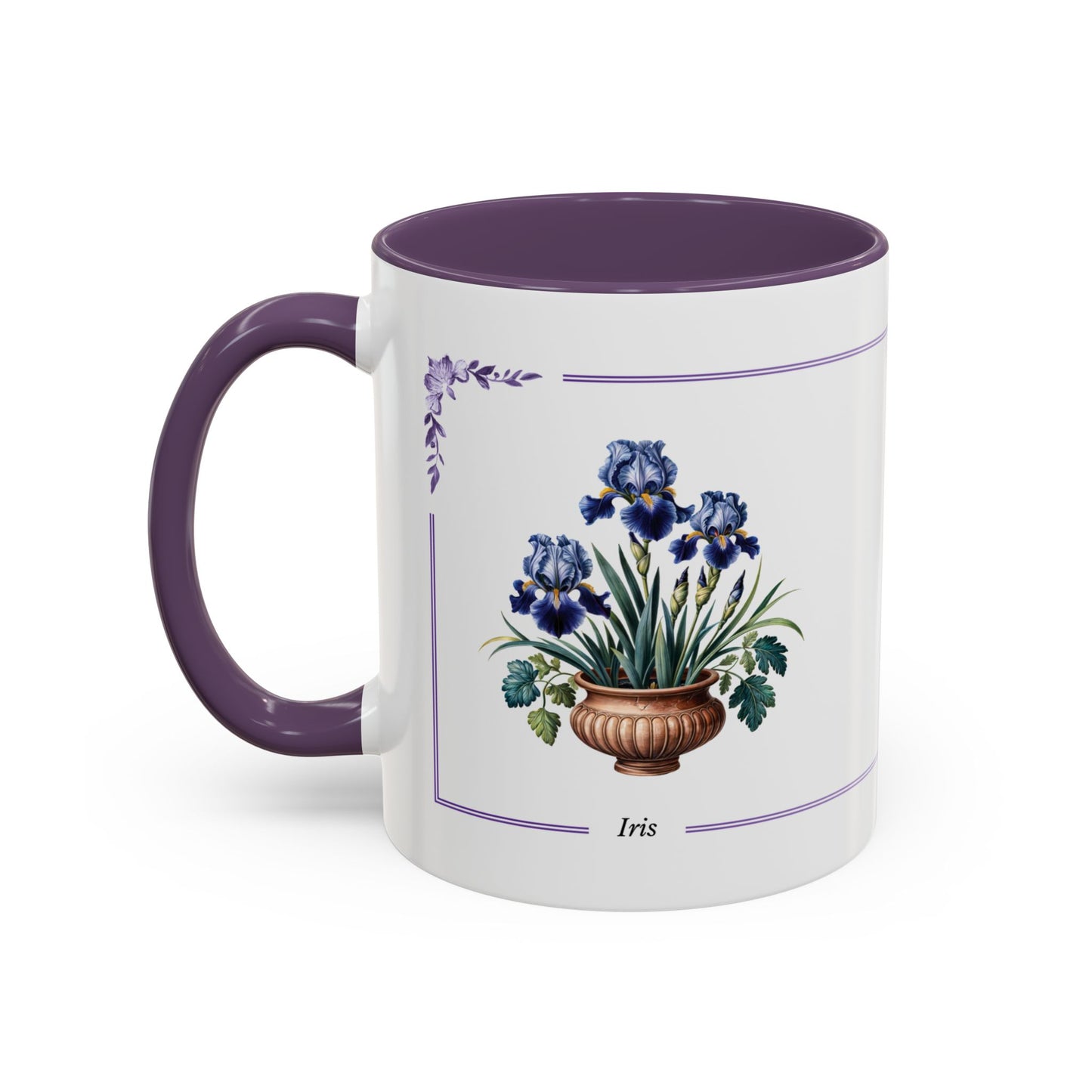Mug with purple handle and iris design on a white background