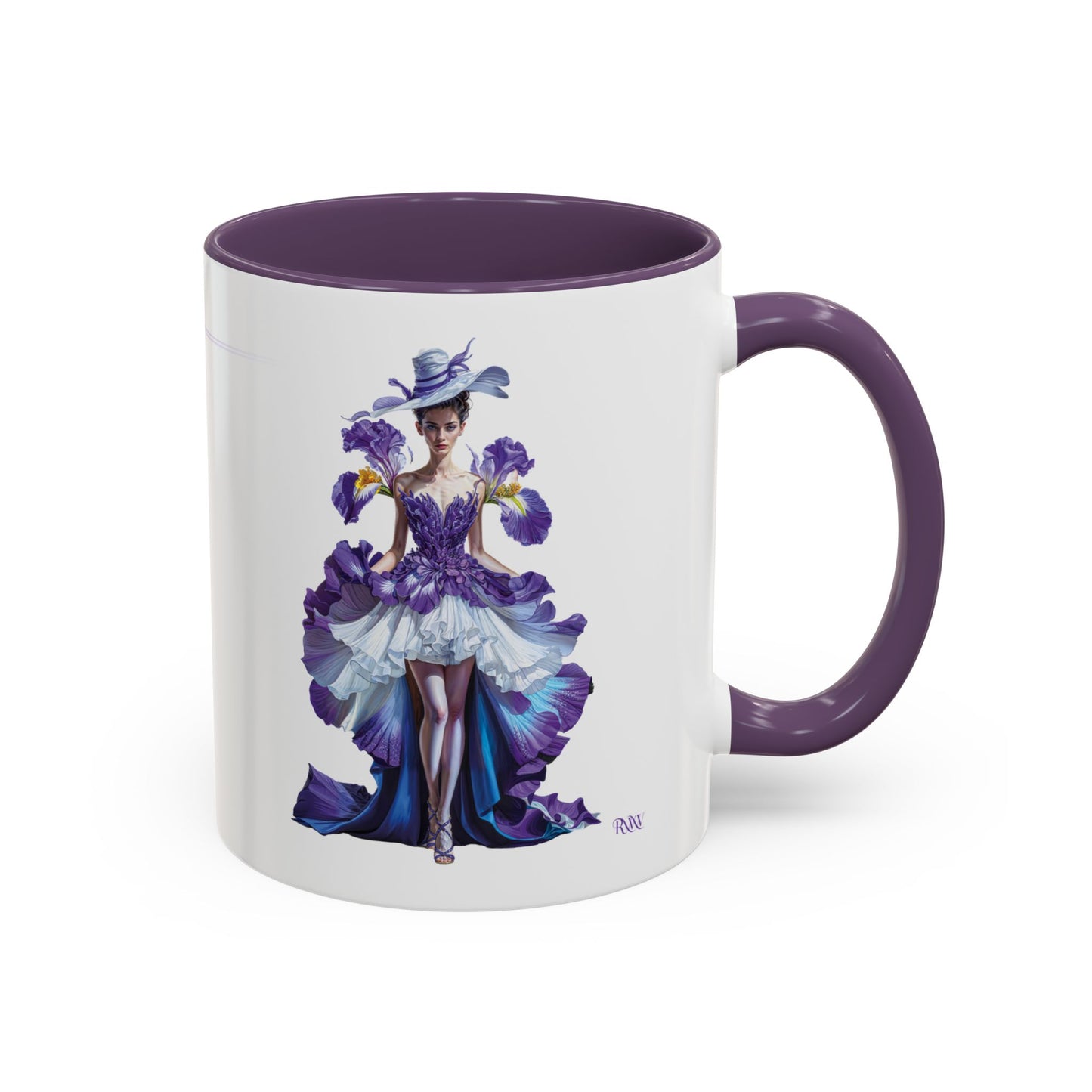 Mug with a design of a woman in a purple and blue dress on a white background