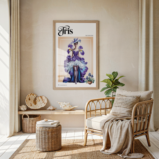Living room with a framed poster of a woman in a purple dress on the wall, a wicker chair, and a plant.