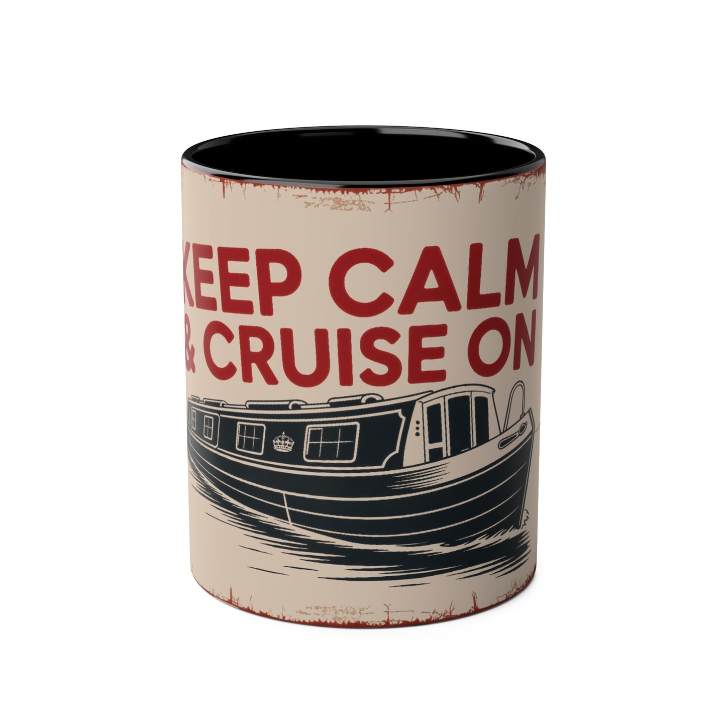 Ceramic mug with "Keep Calm & Cruise On" text and boat illustration on a white background