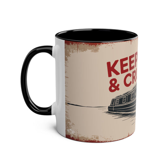 Mug with a boat design and text on a beige background