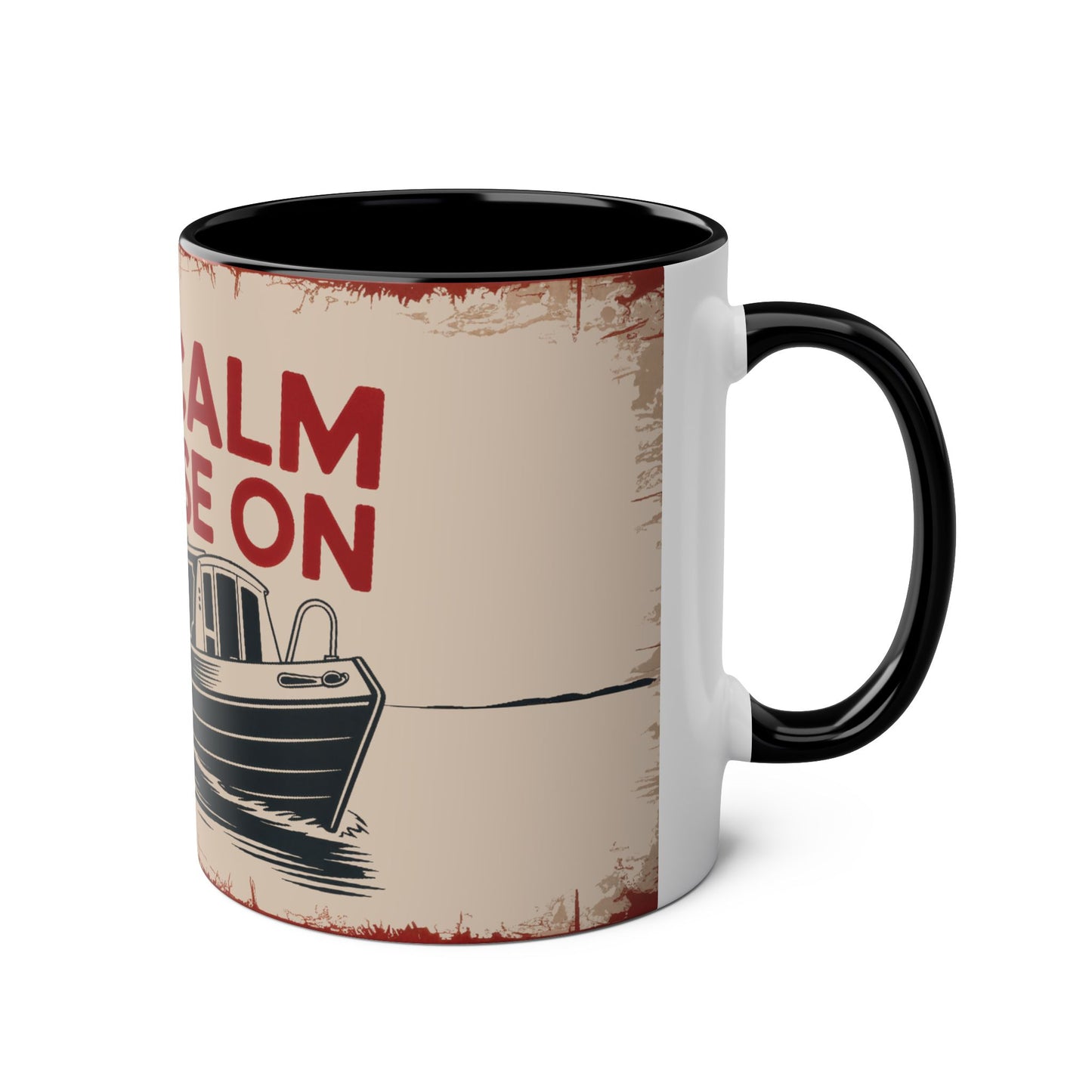 Mug with text and boat graphic on a beige background