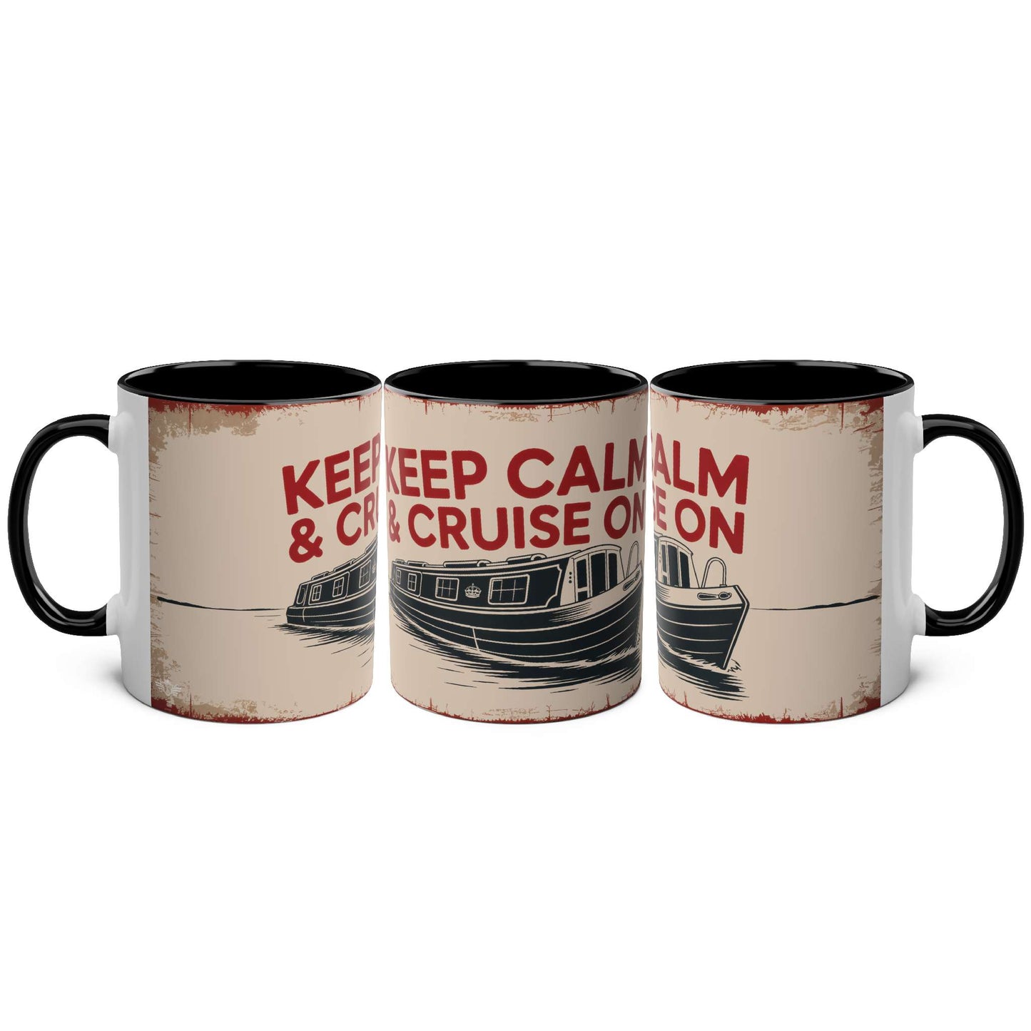 Three mugs with a boat design and text "Keep Calm & Cruise On" on a white background