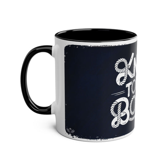 Mug with black interior and handle, featuring white text and design on a navy background.