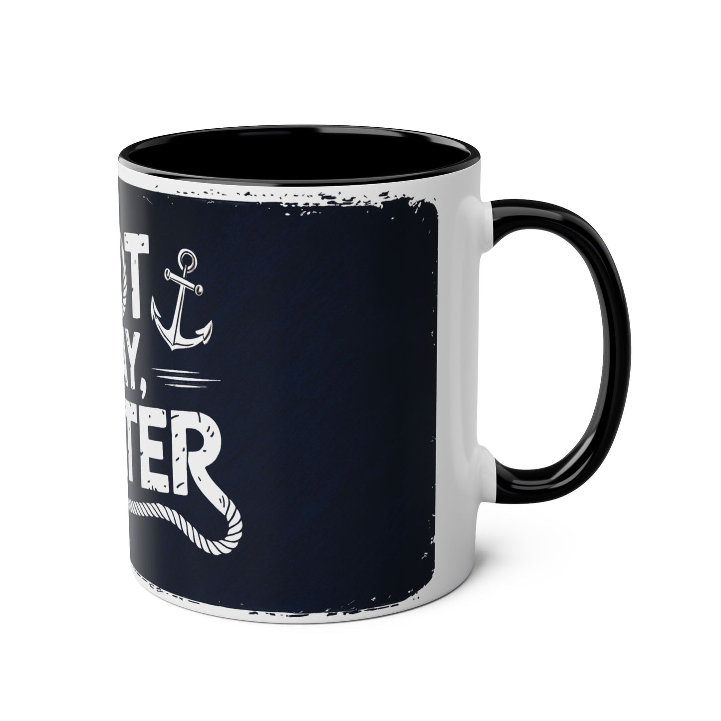 Navy blue mug with white anchor design and text on a white background
