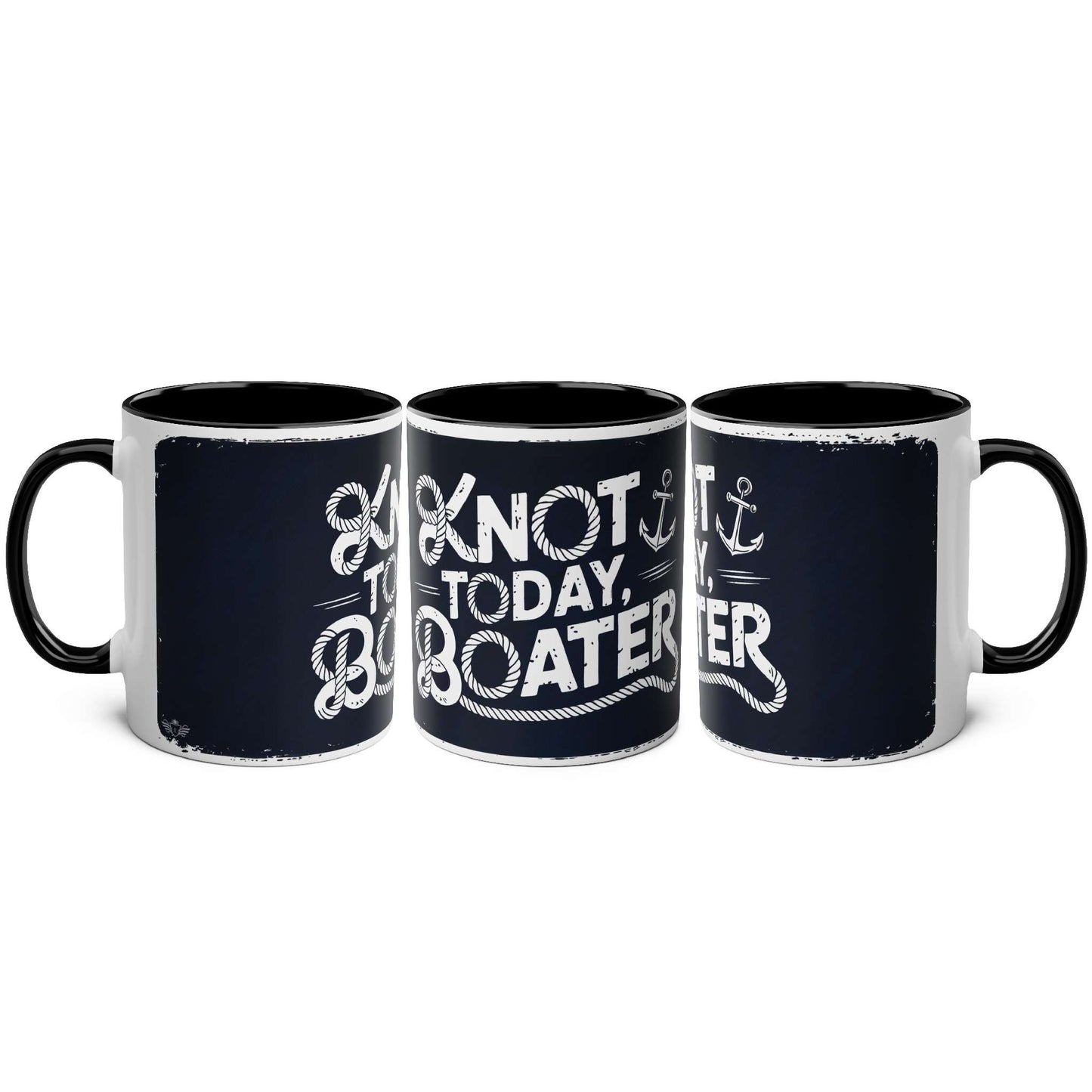 Three black mugs with white text and designs on a white background