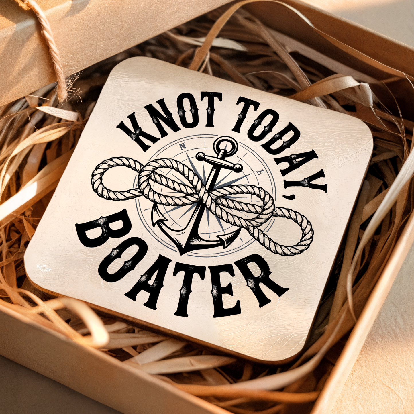Coaster with "Knot Today, Boater" design in a box