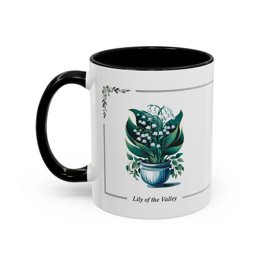 Mug with black handle featuring "Lily of the Valley" design on a white background