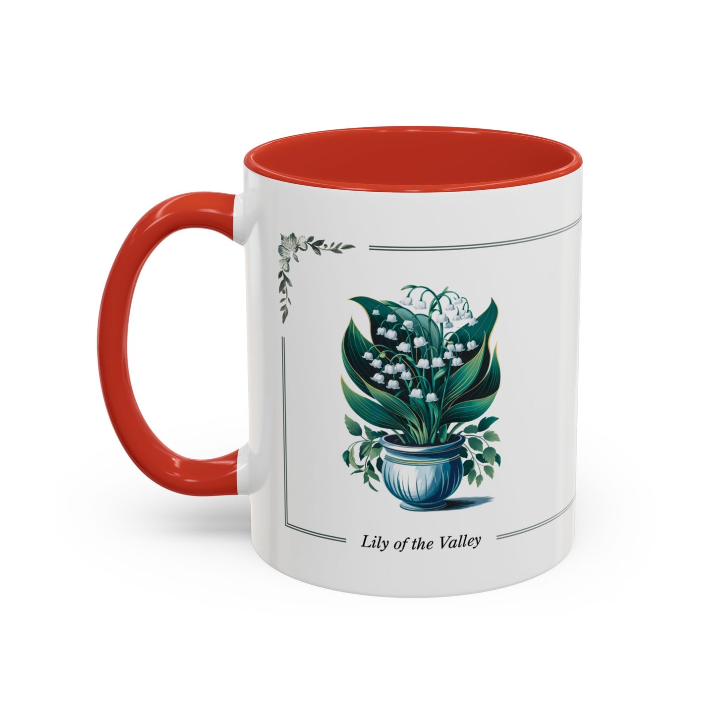 Mug with red interior and handle, featuring a design of "Lily of the Valley" on a white background.