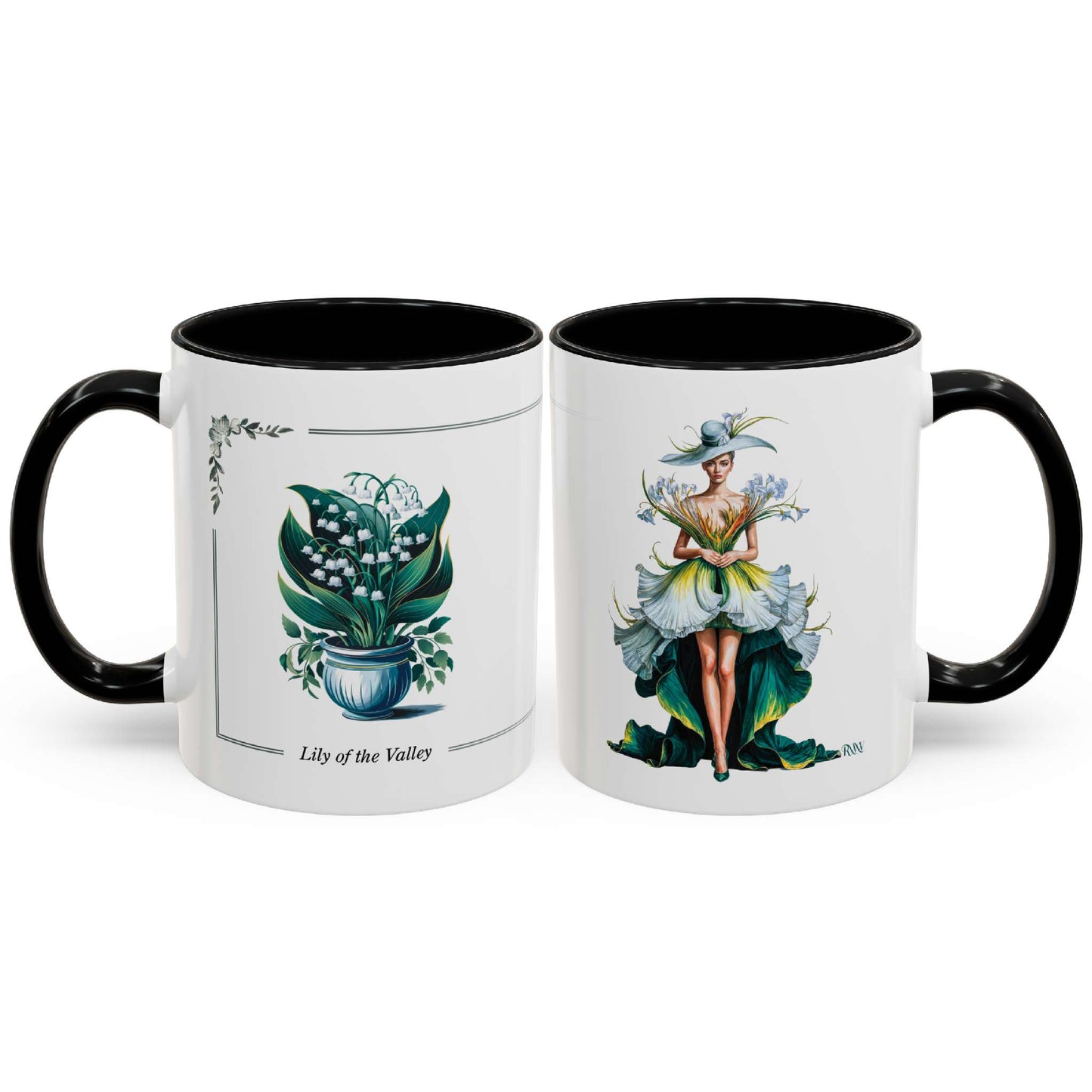 Two mugs with botanical designs on a white background
