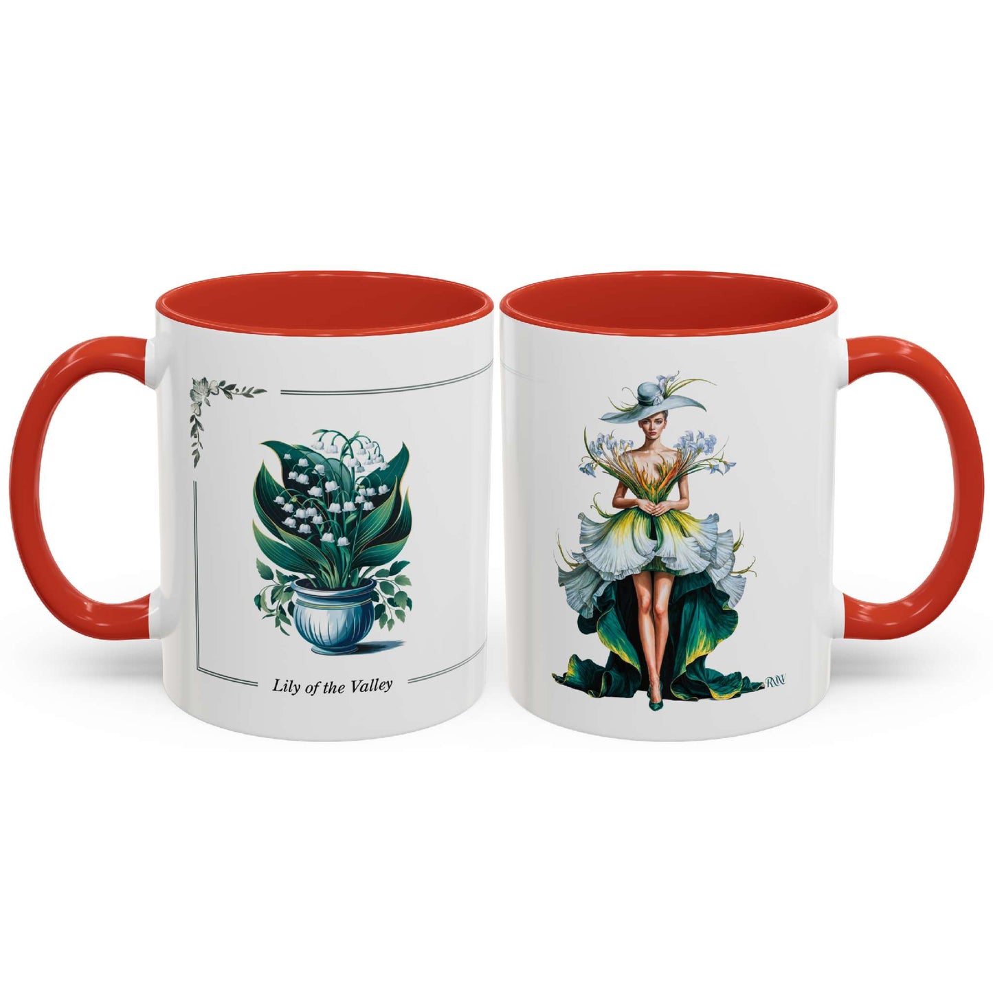 Two mugs with red interior and handle, featuring botanical and fantasy designs on a white background.