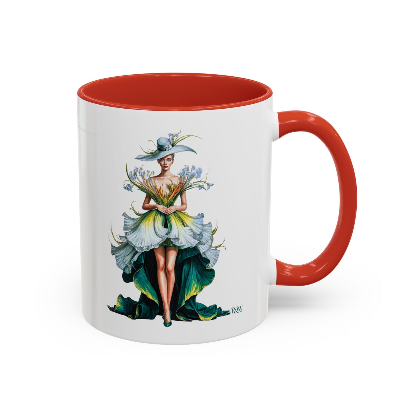 Mug with a colorful design of a woman in a dress and hat on a white background
