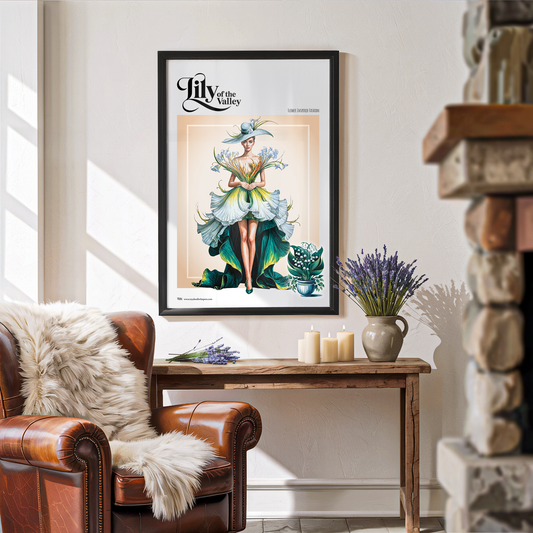 Framed artwork iin a living room setting with a brown armchair and wooden table.