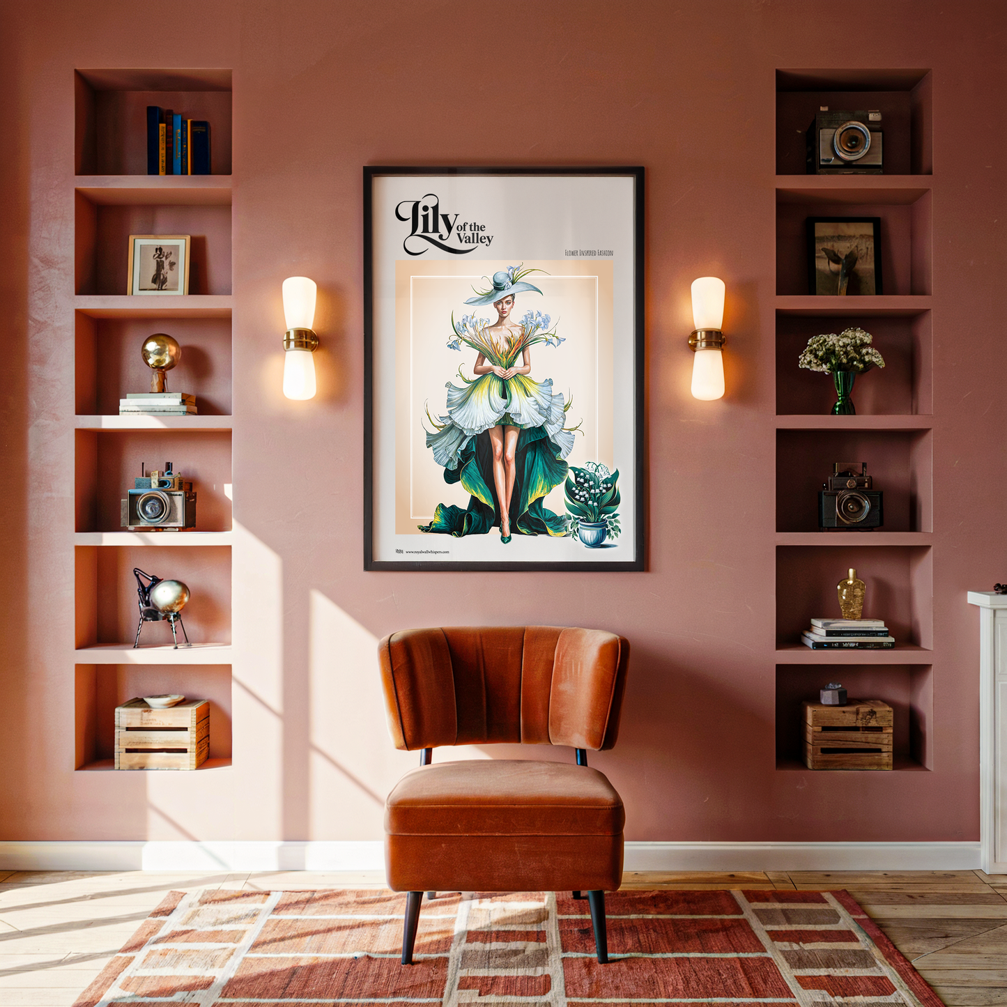 Framed artwork on a pink wall with shelves and a chair.