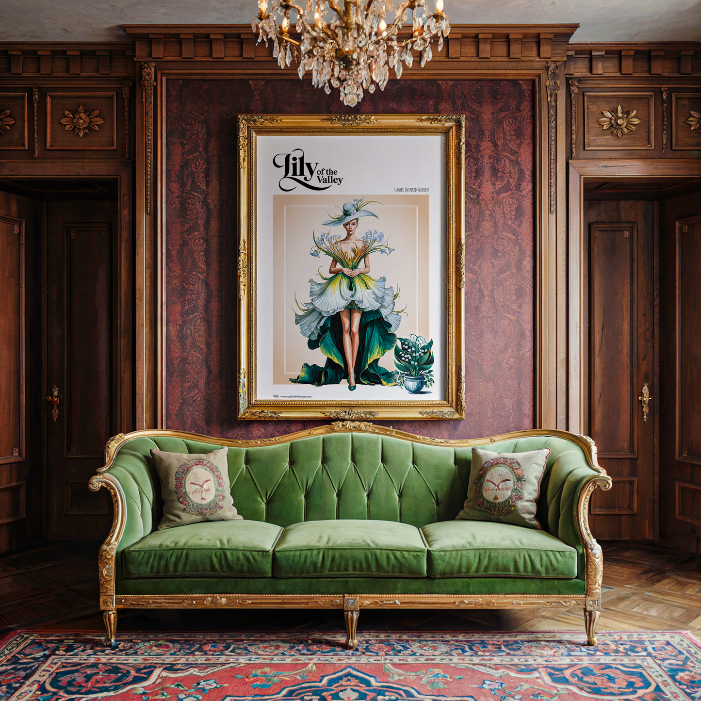 Green velvet sofa in a room with ornate wood paneling and a framed poster on the wall.