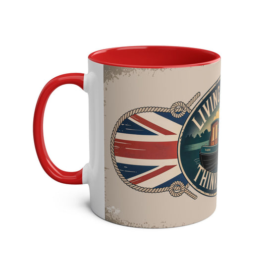 Mug with red interior and handle, featuring a British flag design on a beige background.
