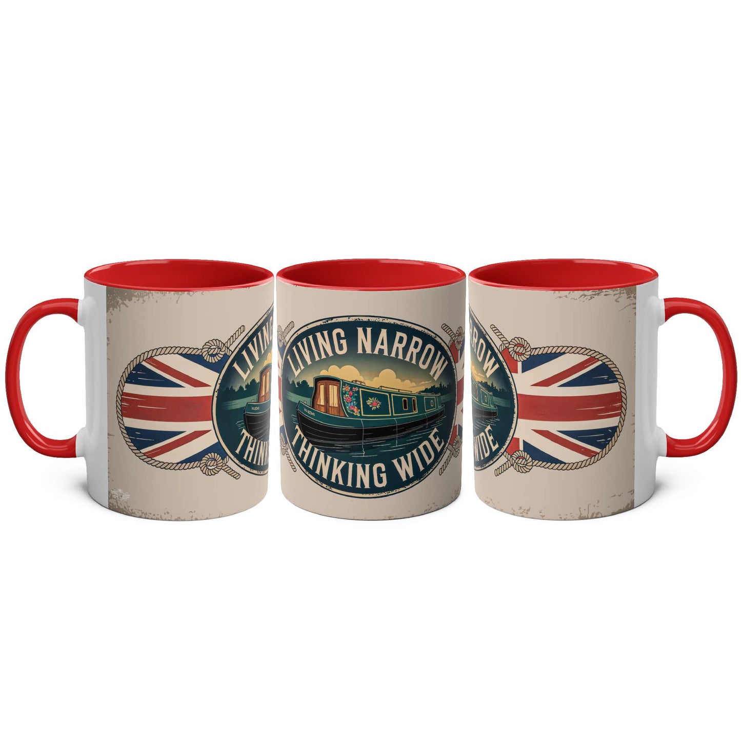 Three mugs with British-themed designs and red interior and handle on a white background