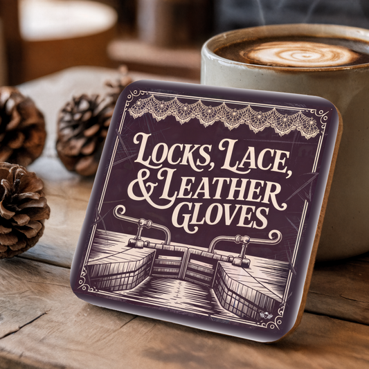 Coaster with "Locks, Lace, & Leather Gloves" text and design on a wooden surface with a coffee cup.