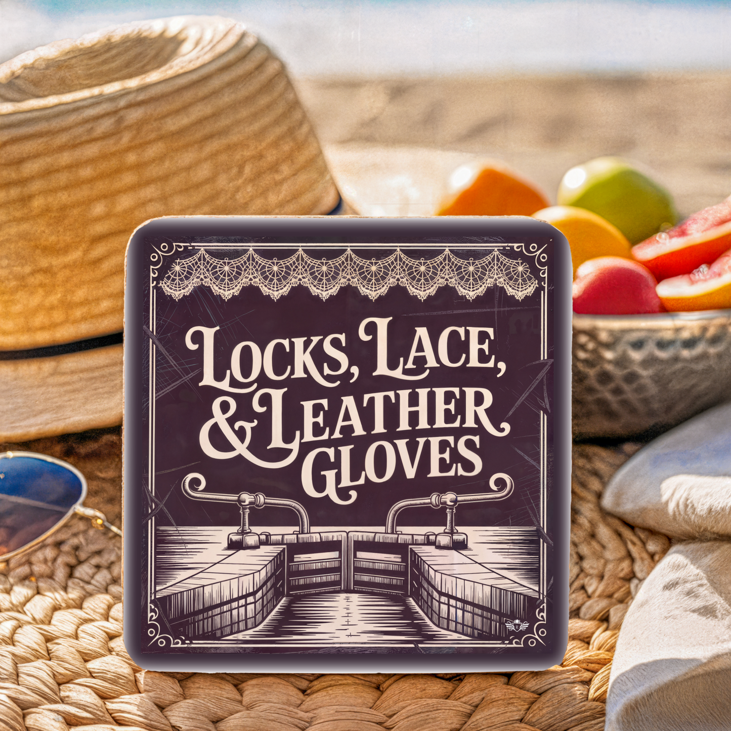 Decorative coaster with "Locks, Lace, & Leather Gloves" text on a rustic background with fruits and woven basket.