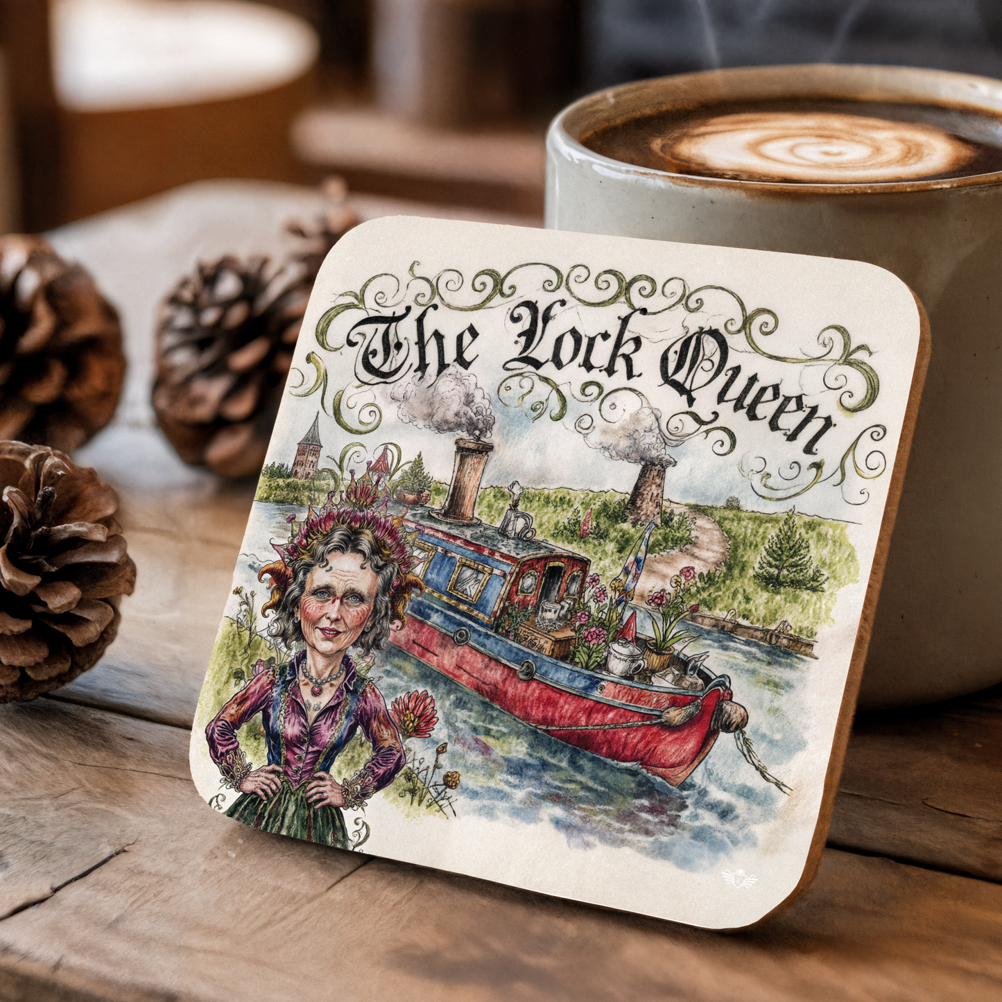Coaster with illustration of a woman and boat, labeled "The Lock Queen", next to a cup of coffee.