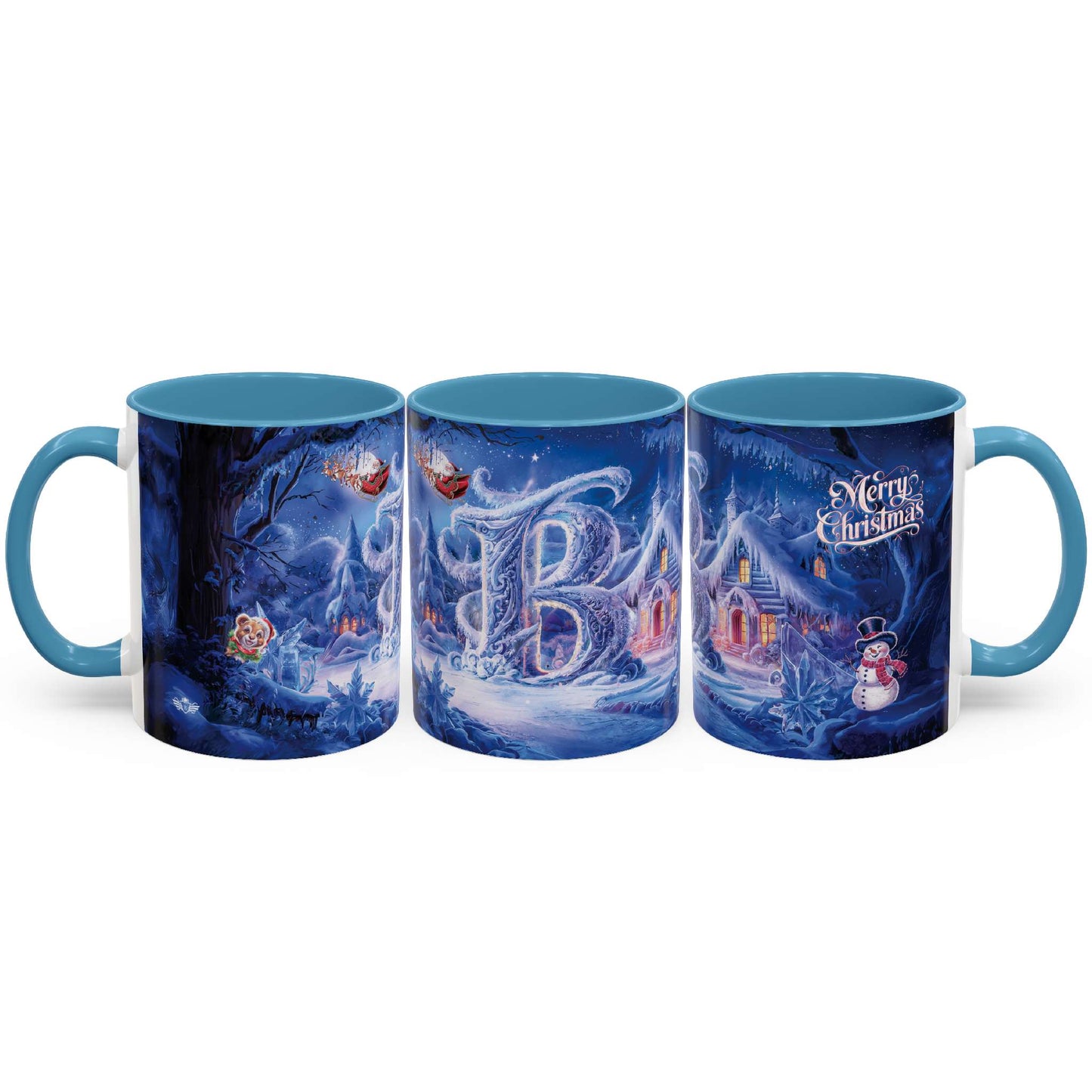 Set of three Christmas-themed mugs with festive designs on a white background