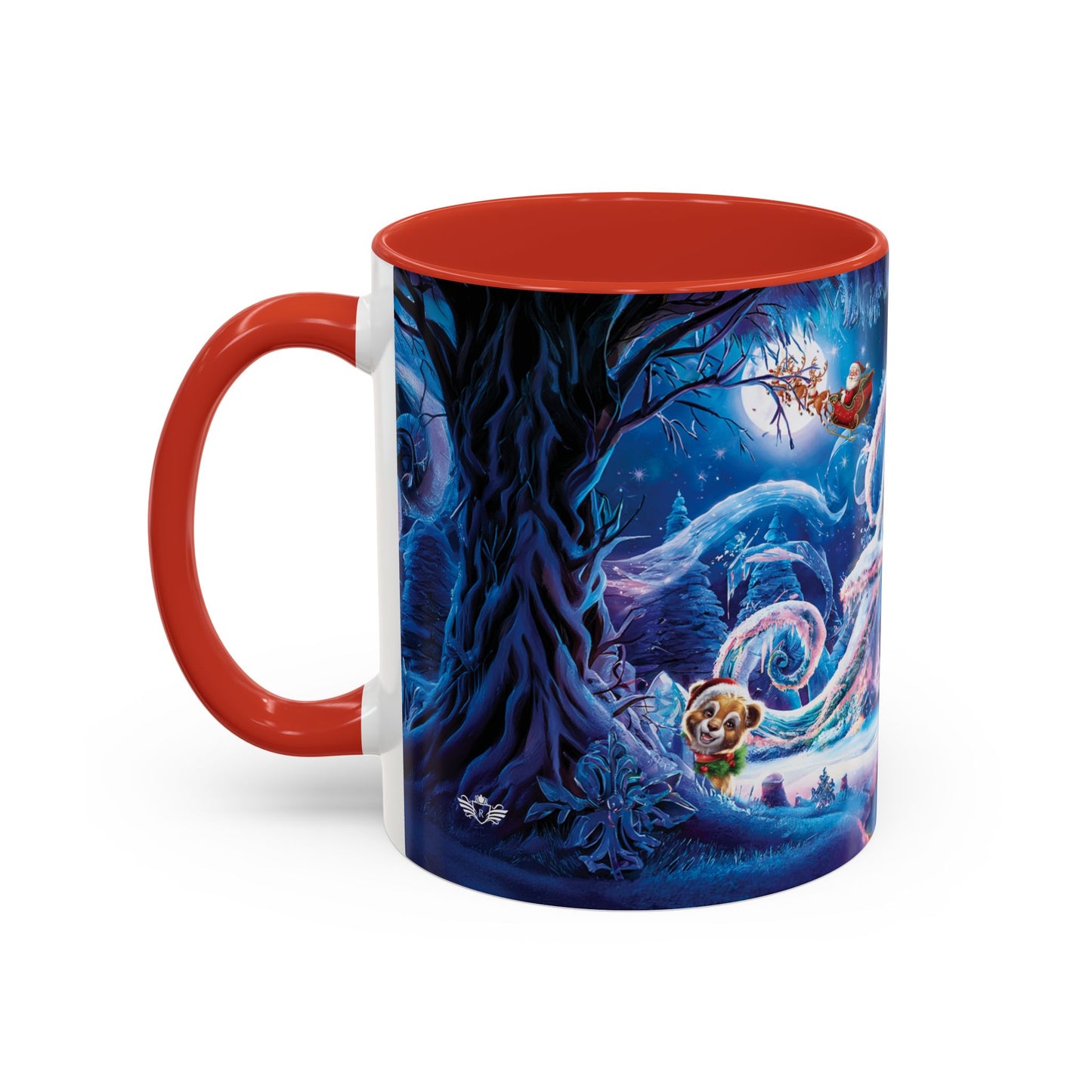 Mug with winter design featuring characters in a snowy landscape