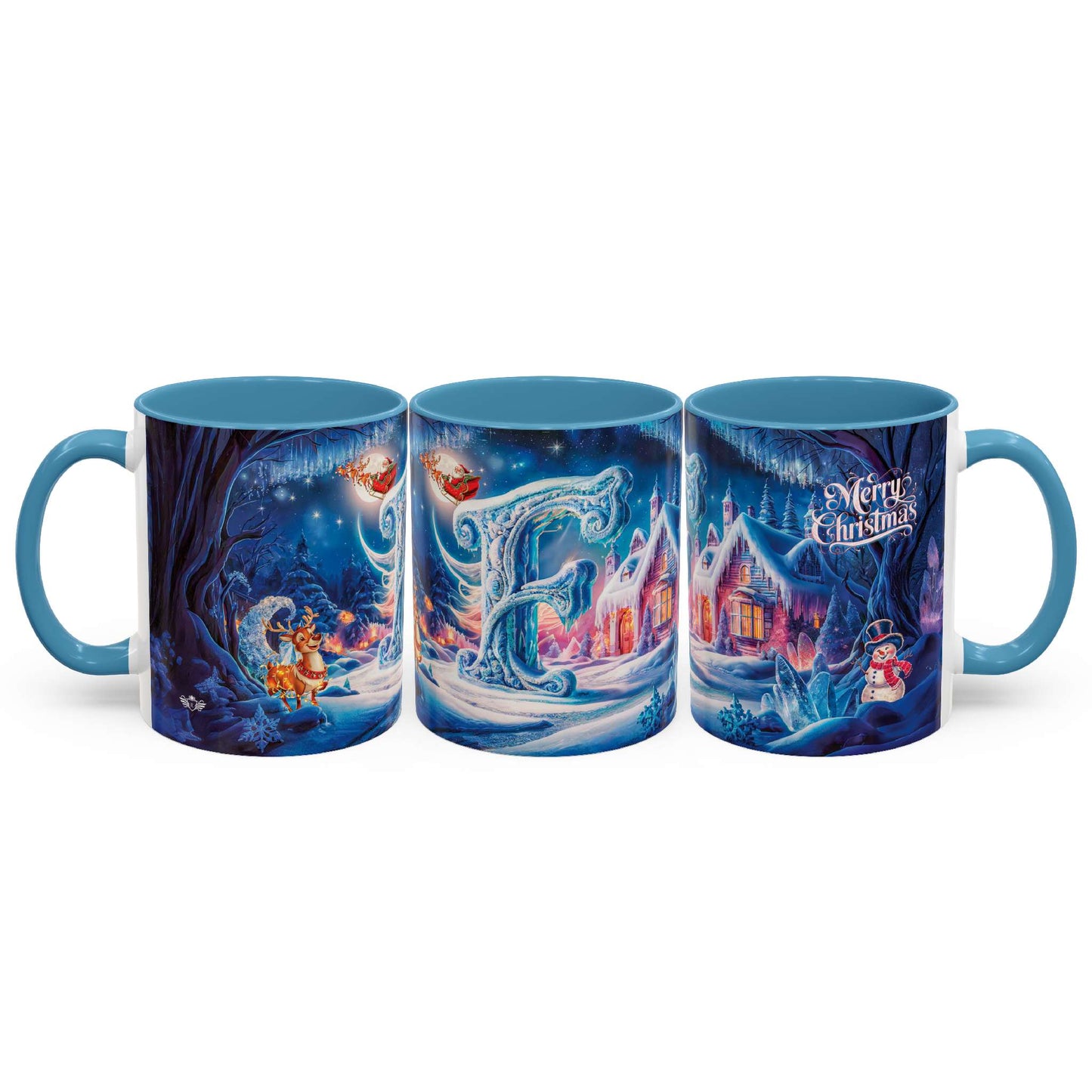 Set of three Christmas-themed mugs with festive designs on a white background