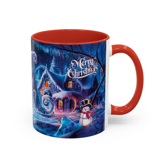 Mug with Christmas design featuring a snowman and festive text on a blue background.
