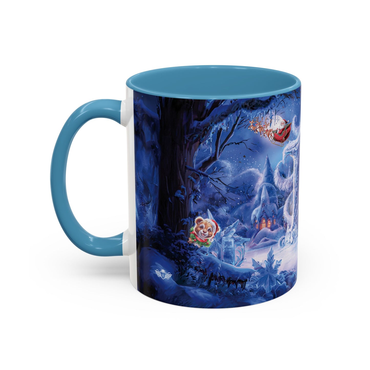 Mug with a winter scene design featuring a castle and trees on a white background