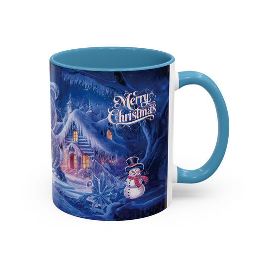 Blue mug with Christmas design featuring a snowman and snowy village.