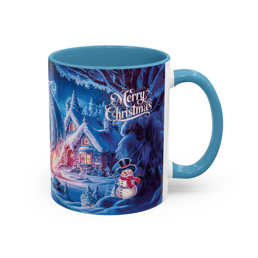 Blue mug with a winter scene and "Merry Christmas" text on a white background