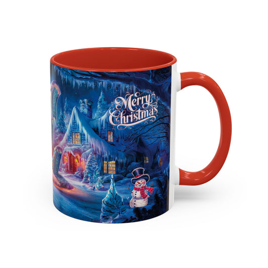 Mug with Christmas-themed design featuring a snowman and festive text on a blue background.
