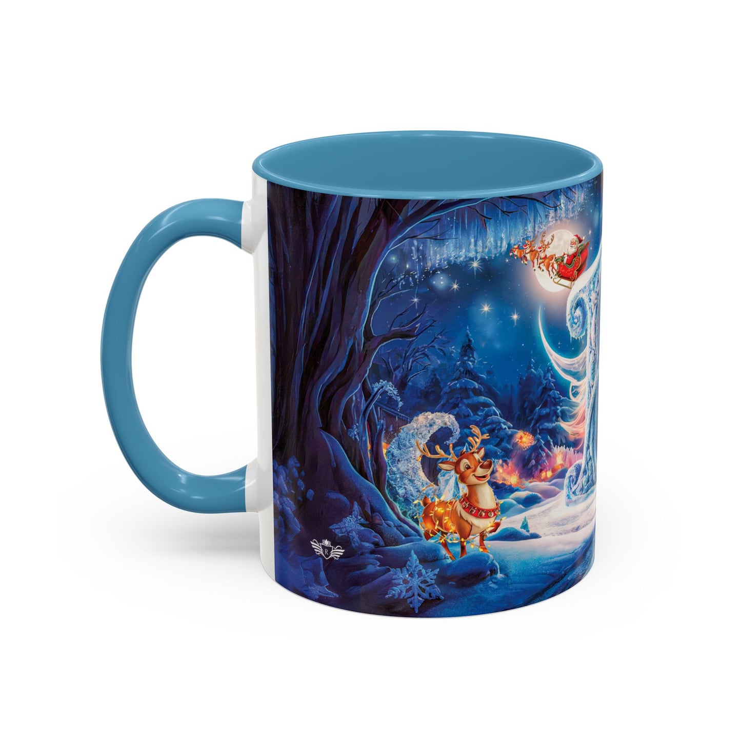 Mug with Christmas-themed design featuring Santa Claus and reindeer in a snowy landscape.