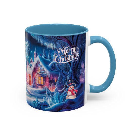 Blue mug with Christmas-themed design featuring a snowy village and "Merry Christmas" text.