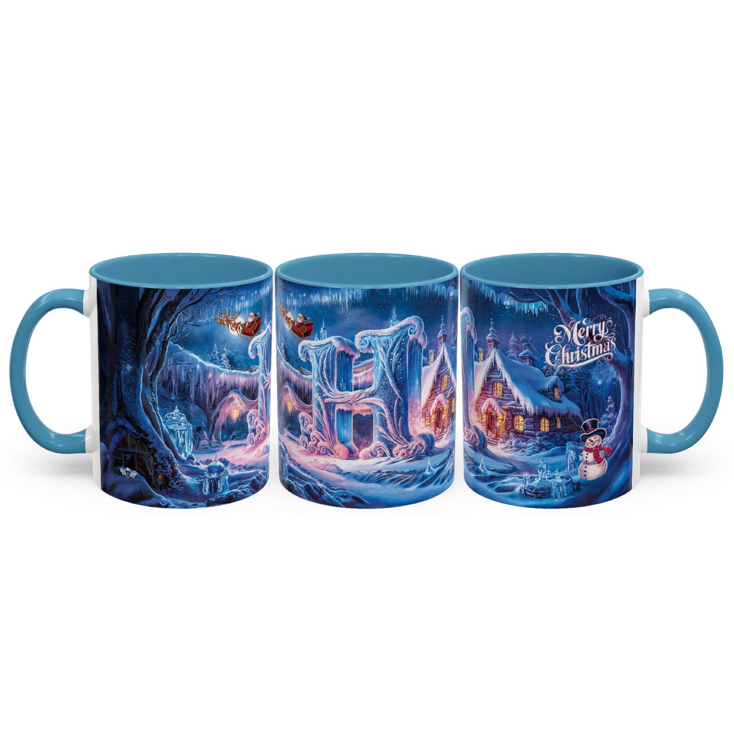 Set of three Christmas-themed mugs with festive designs on a white background