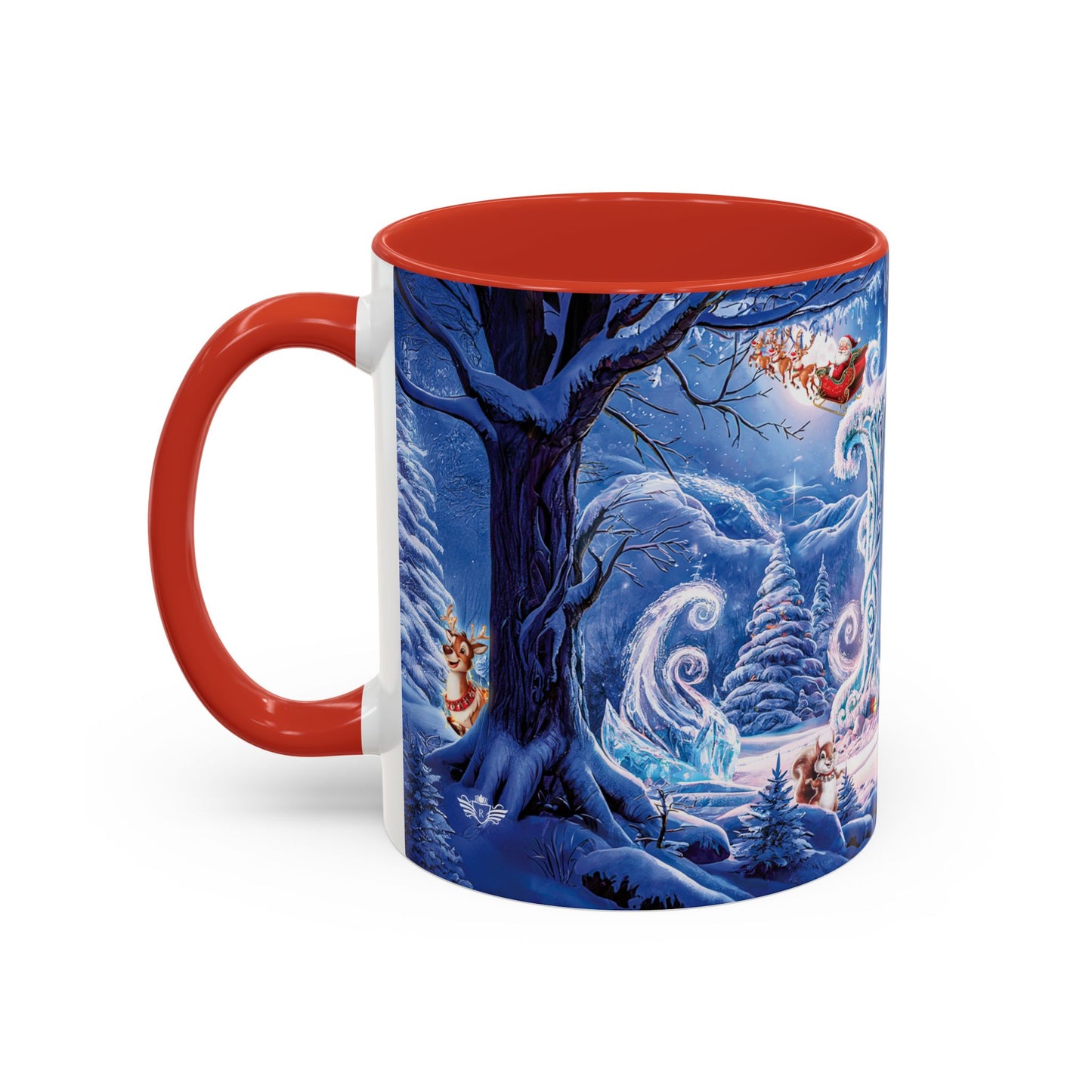 Mug with a winter scene design featuring Santa Claus and reindeer, red interior and handle.