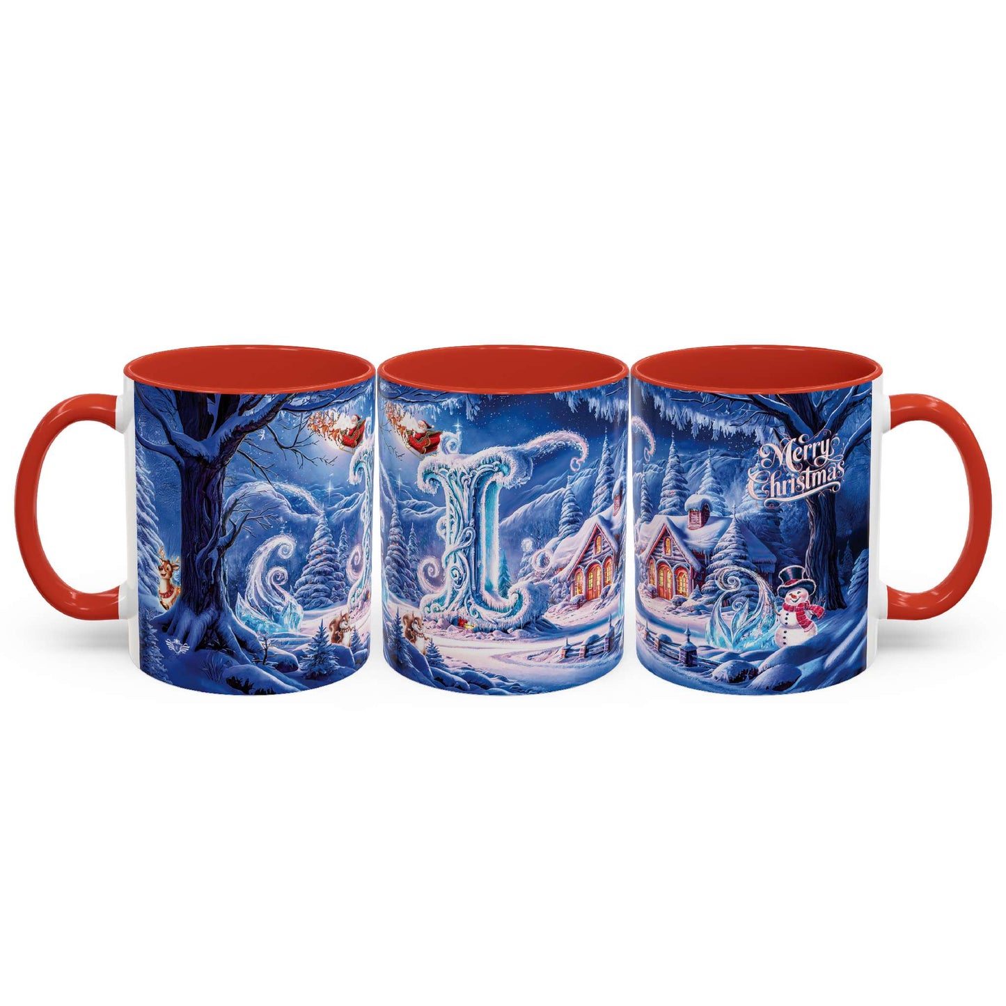 Set of three Christmas-themed mugs with red interior and handles on a white background