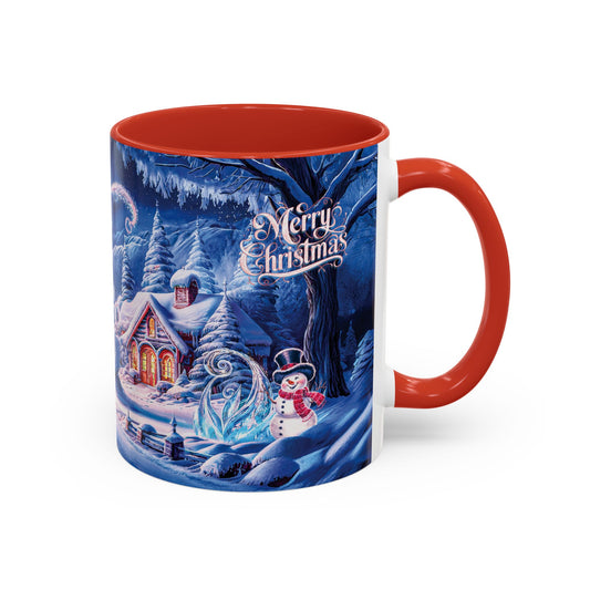 Mug with Christmas design featuring a snowy landscape, house, and snowman on a blue background.