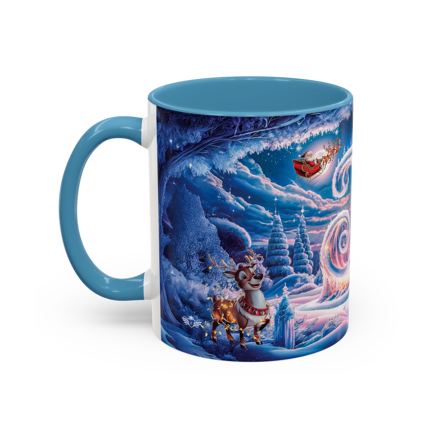 Mug with a festive design of Santa Claus and reindeer in a snowy landscape.