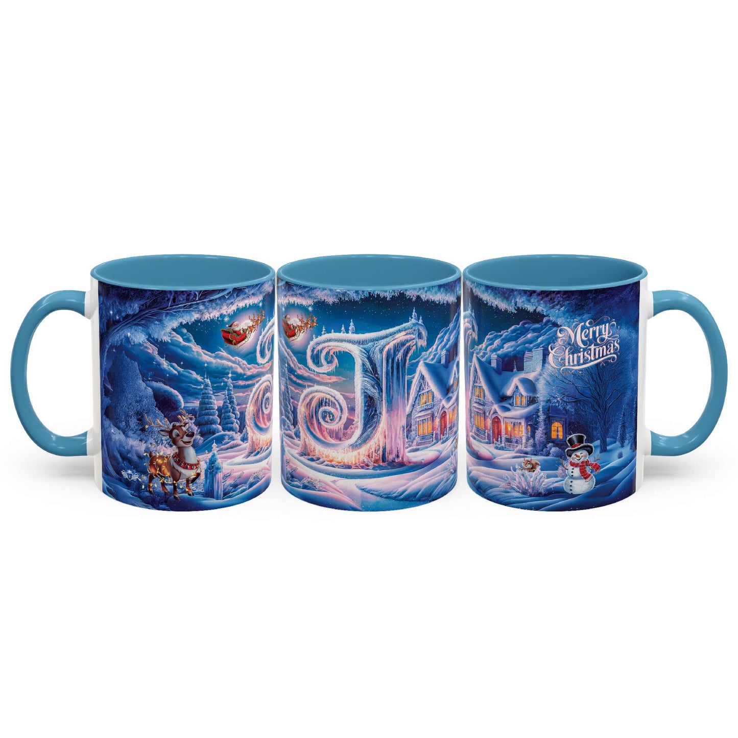 Set of three Christmas-themed mugs with festive designs on a white background