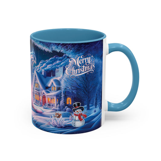 Mug with Christmas scene design featuring a snowy village and "Merry Christmas" text.