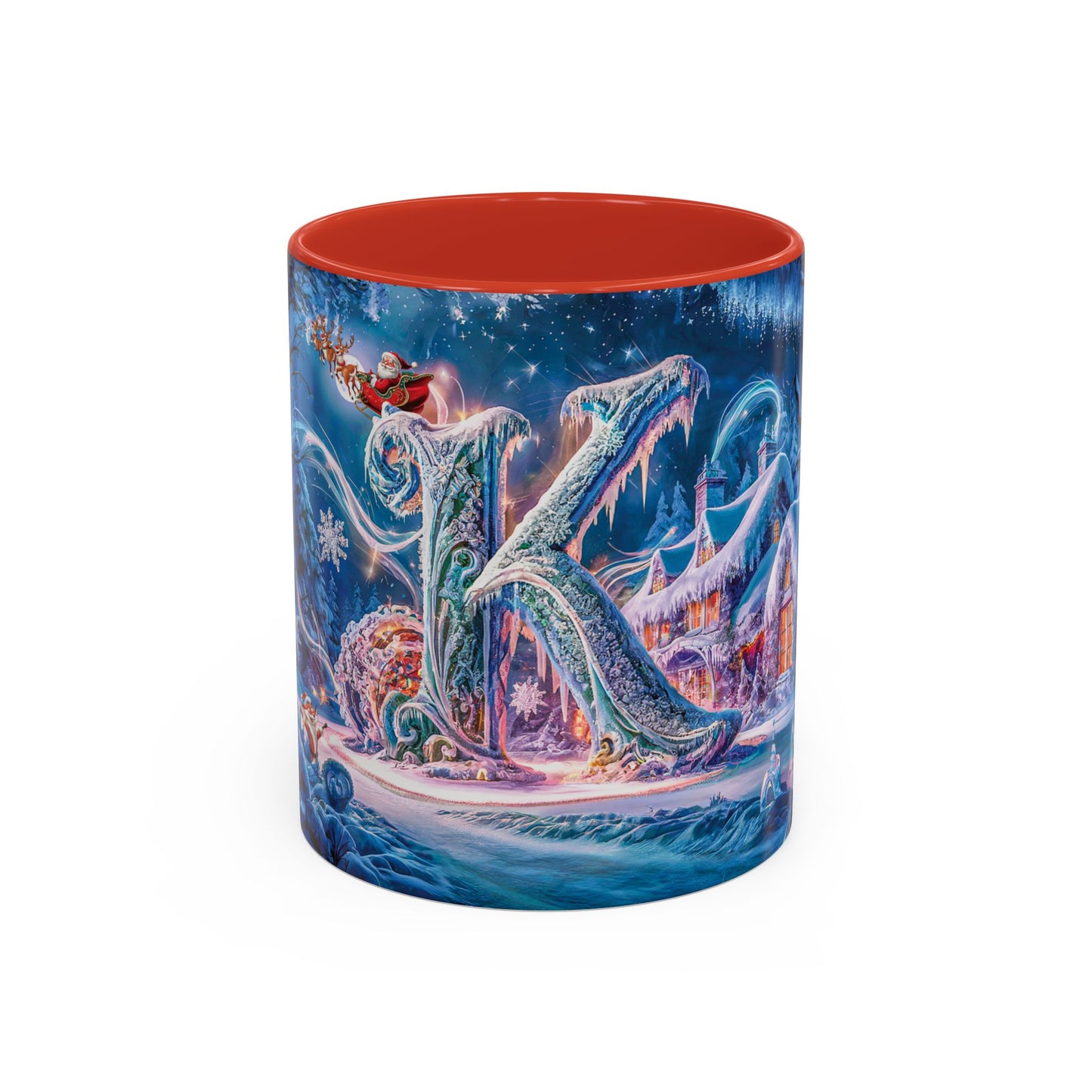 Mug with a winter-themed design and a red interior